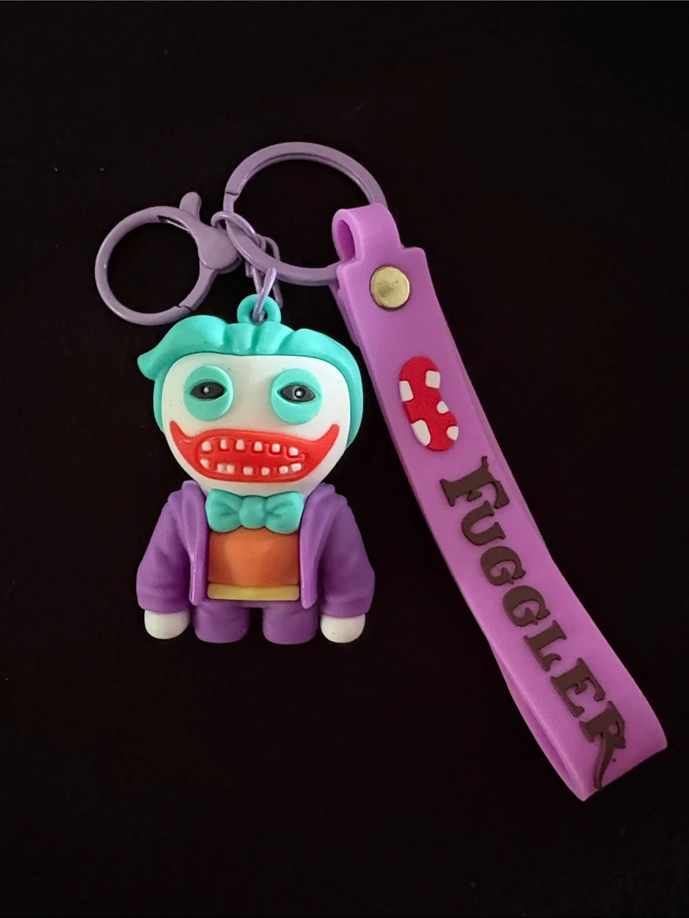 Purple Joker Fuggler Silicone Keychain Bag Charm with Teal Hair and Strap